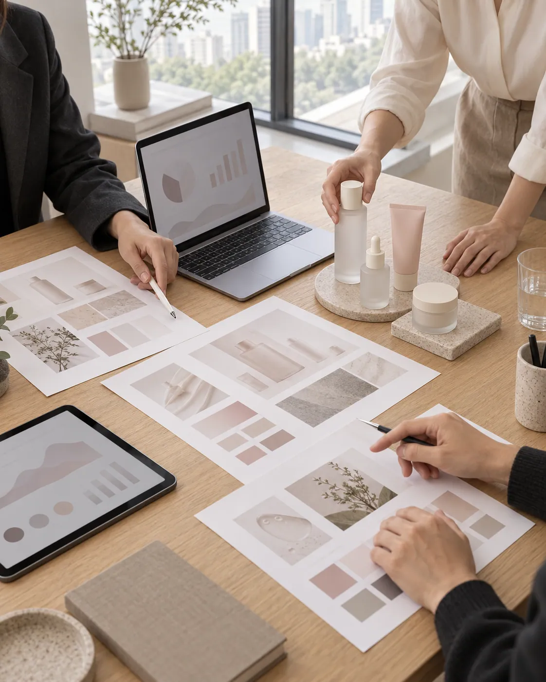 A product review meeting with specification sheets and samples