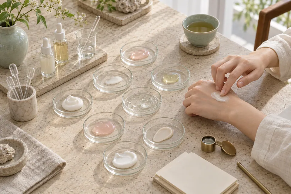 Comparing skincare textures on a stone table